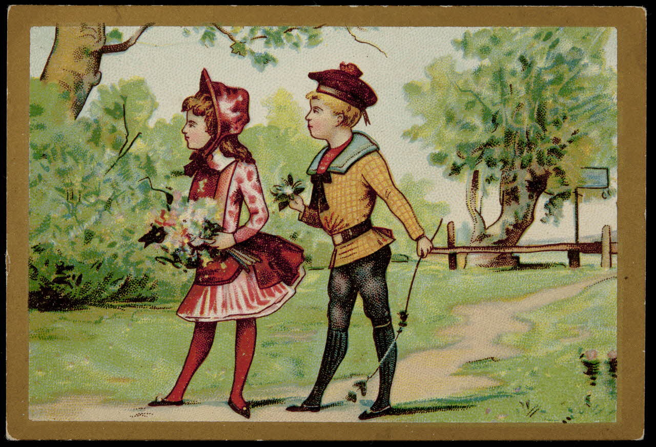 carte réclame Un jeune homme et une jeune fille se promènent, fleurs à la main 1998.77.204.2 Photo