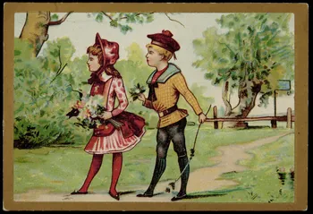 carte réclame Un jeune homme et une jeune fille se promènent, fleurs à la main 1998.77.204.2 Photo