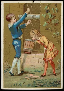 carte réclame Un jeune homme devant un puits tend un seau au dessus duquel une jeune fille se penche pour boire 1998.77.205.1 Photo