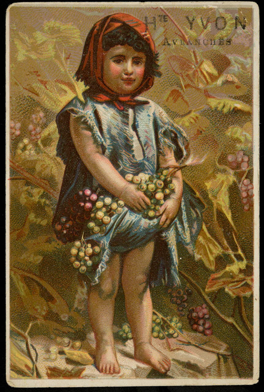 carte réclame Jeune fille pauvre portant dans une robe bleue du raisin 1998.77.225.1 Photo