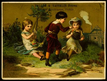 carte réclame Deux jeunes filles assises dans l'herbe font des bouquets de fleurs, un garçon se penche pour récupérer son chapeau 1998.77.227.1 Photo