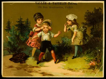 carte réclame Une jeune fille cache les yeux d'un garçon par derrière, une autre jeune fille regarde la scène 1998.77.227.2 Photo