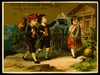 carte réclame Deux jeunes hommes en costume traditionnel des montagnes partent de leur maison, un balluchon sur le dos, une jeune fille pleure de leur départ 1998.77.227.3  Photo