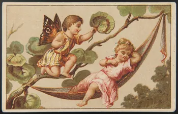 carte réclame Une femme est allongée sur un hamac, un jeune homme avec des ailes de papillon lui fait du vent avec une feuille 1998.77.231.3  Photo