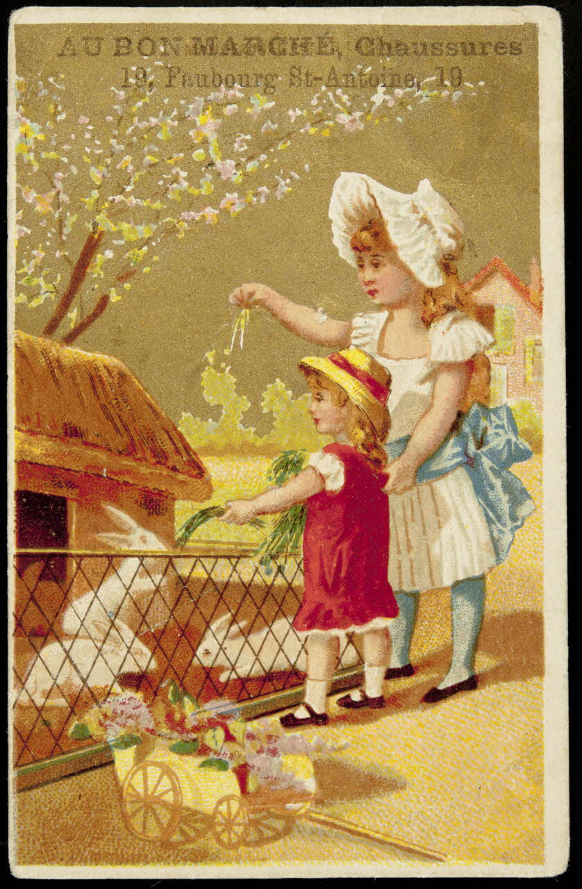 carte réclame Une jeune femme et une fillette nourrissent des lapins 1998.77.235.3 Photo