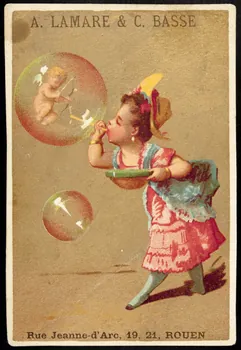 carte réclame Jeune femme soufflant une bulle dans laquelle s'épanouit un petit cupidon 1998.77.260.1 Photo