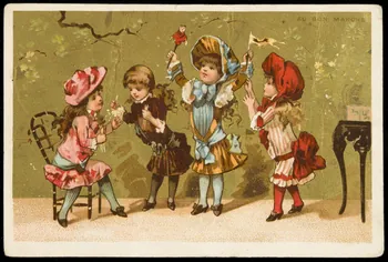 carte réclame Des jeunes filles jouent avec une marionnette et un fanion 1998.77.262.1 Photo