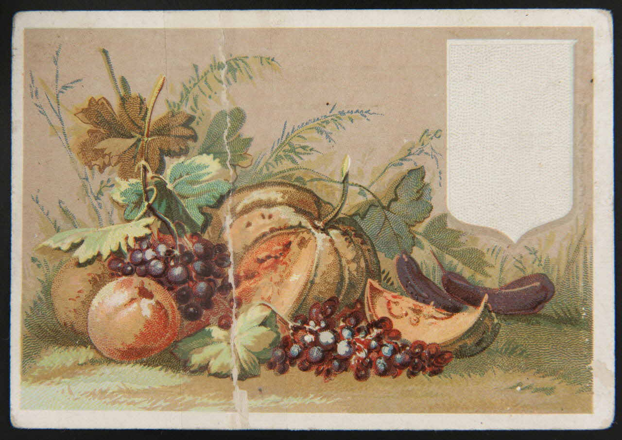 carte réclame Raisins noirs, pêches, melons et aubergines 1998.77.267.1 Photo
