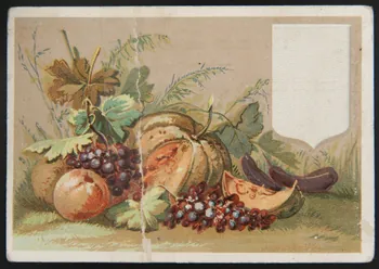 carte réclame Raisins noirs, pêches, melons et aubergines 1998.77.267.1 Photo