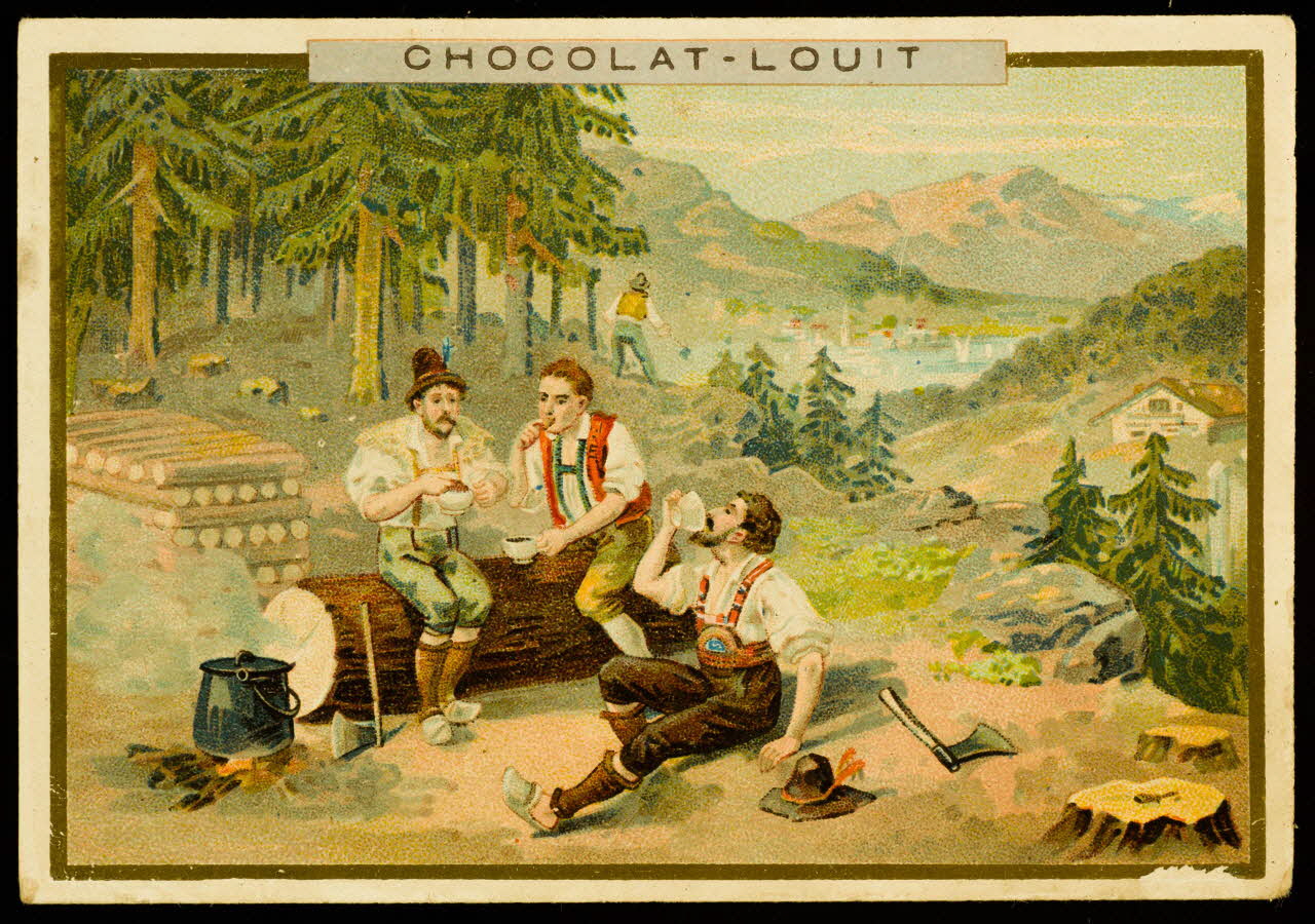 carte réclame Trois bûcherons en costume traditionnel du Tyrol font leur pause déjeuner 1998.77.271.1 Photo