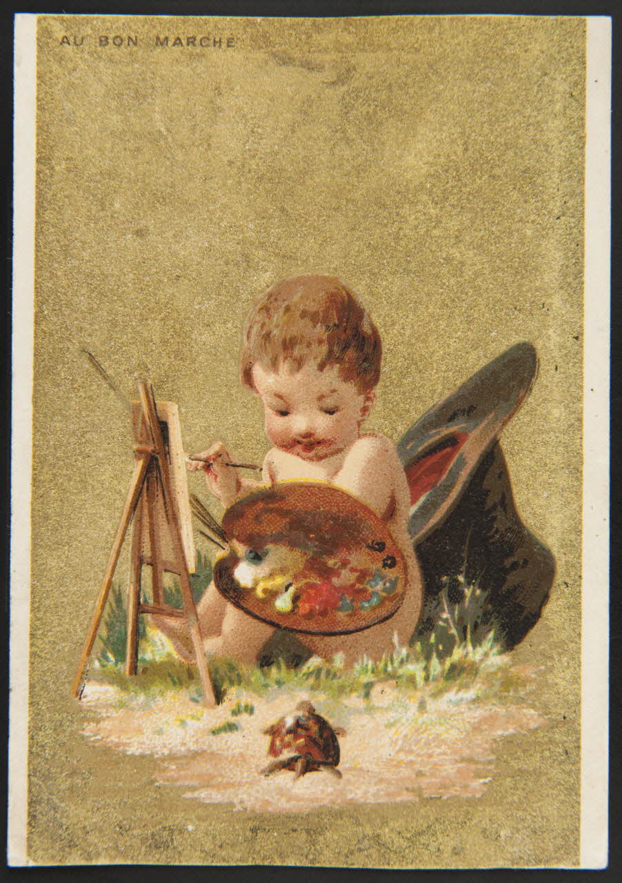 Testu & Massin carte réclame Jeune garçon nu peint une toile, à côté d'un chapeau haut de forme géant Paris 1876-1886 1998.77.281.1 Photo