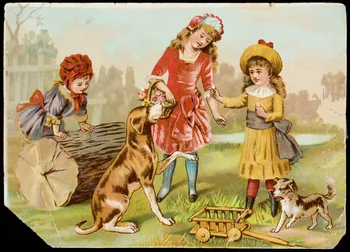 carte réclame Trois jeune filles avec un gros chien, et un petit chien, à côté d'un jouet 1998.77.293.1  Photo