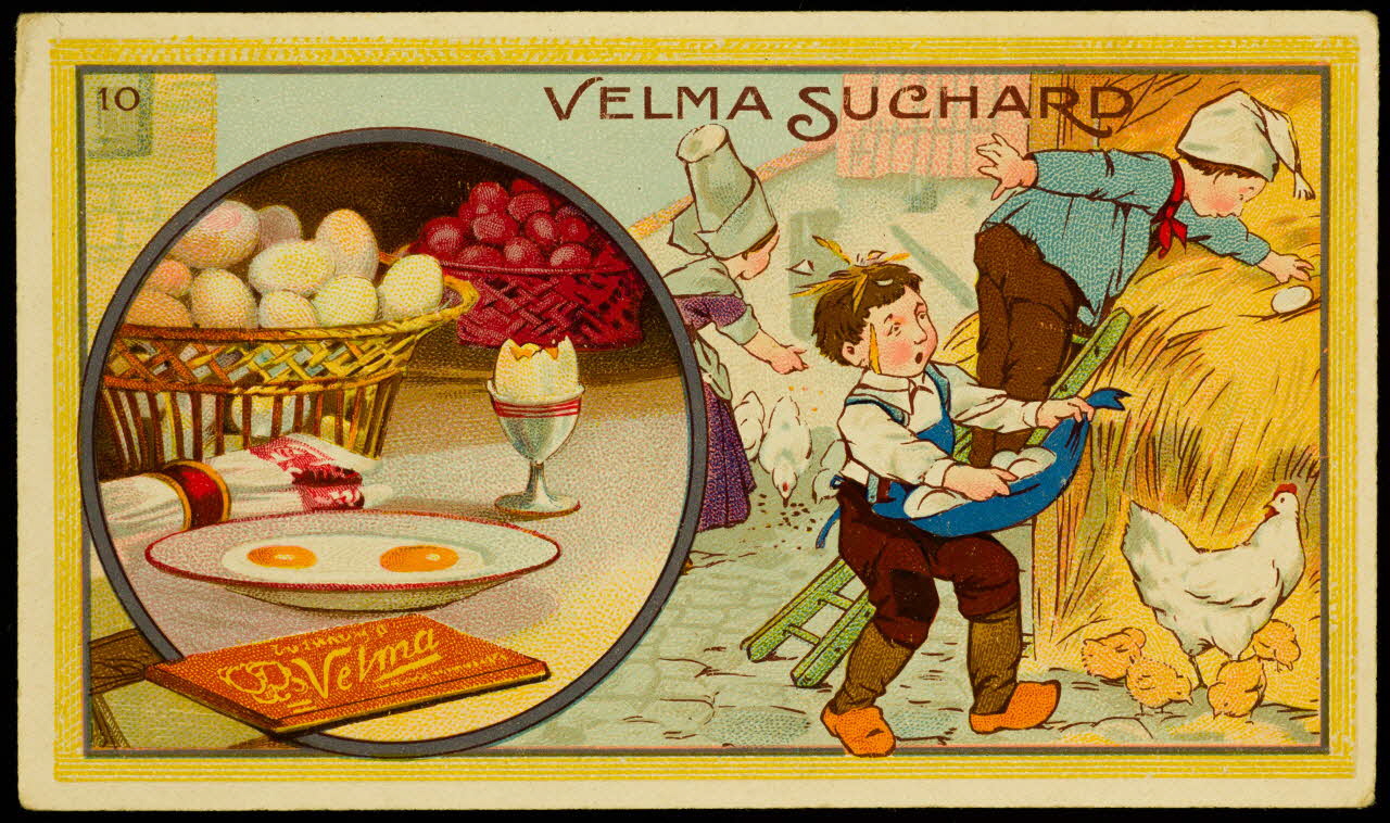 carte réclame Trois paysans ramassent des oeufs dans une ferme 1998.77.310.1 Photo