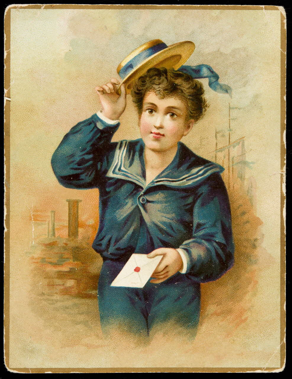 carte réclame Un jeune homme habillé en marin, apporte une lettre, en soulevant sa casquette 1998.77.320.1 Photo