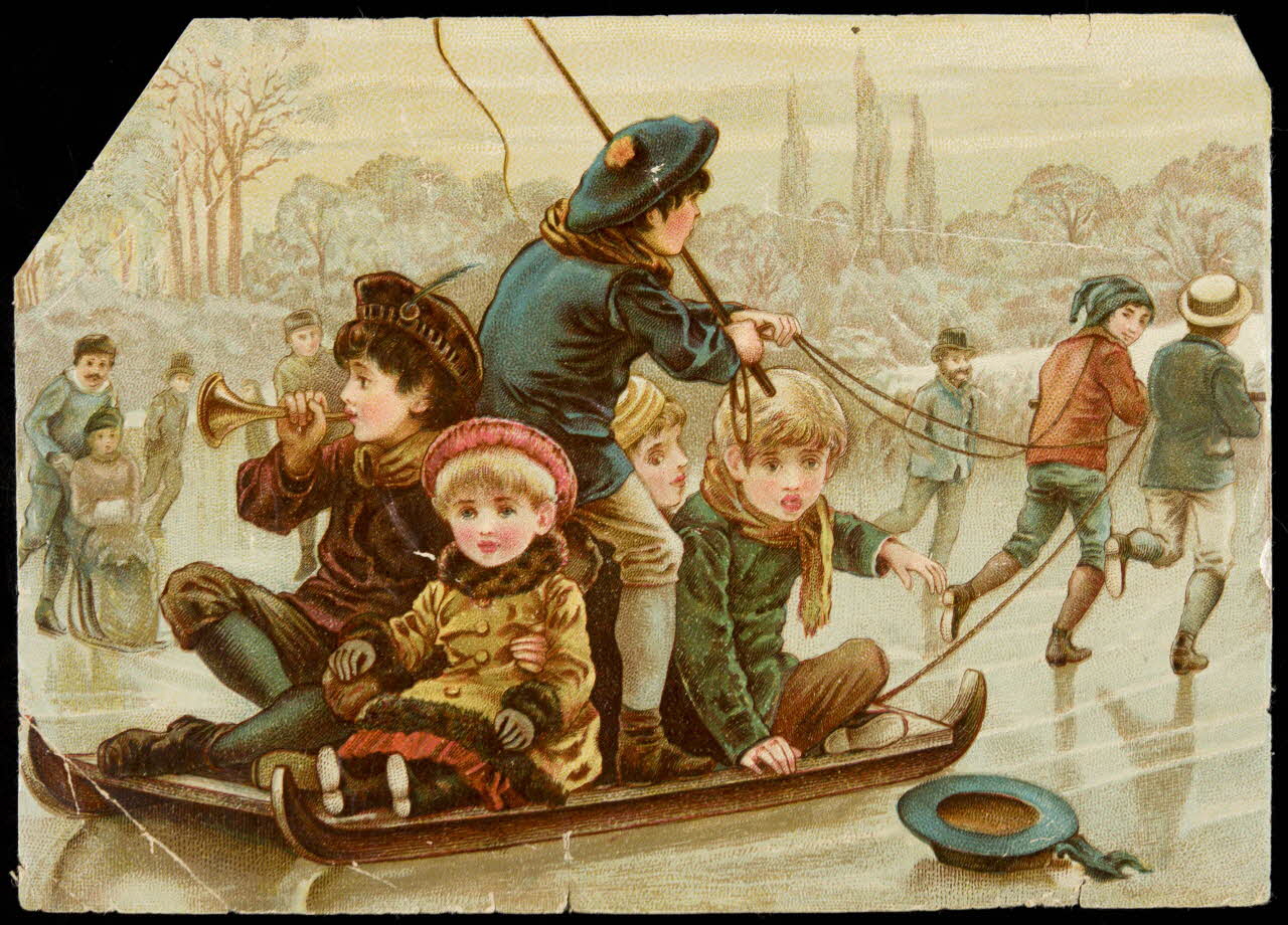 carte réclame Des enfants sur un traîneau se font tirer sur la glace par deux garçons 1998.77.326.1 Photo