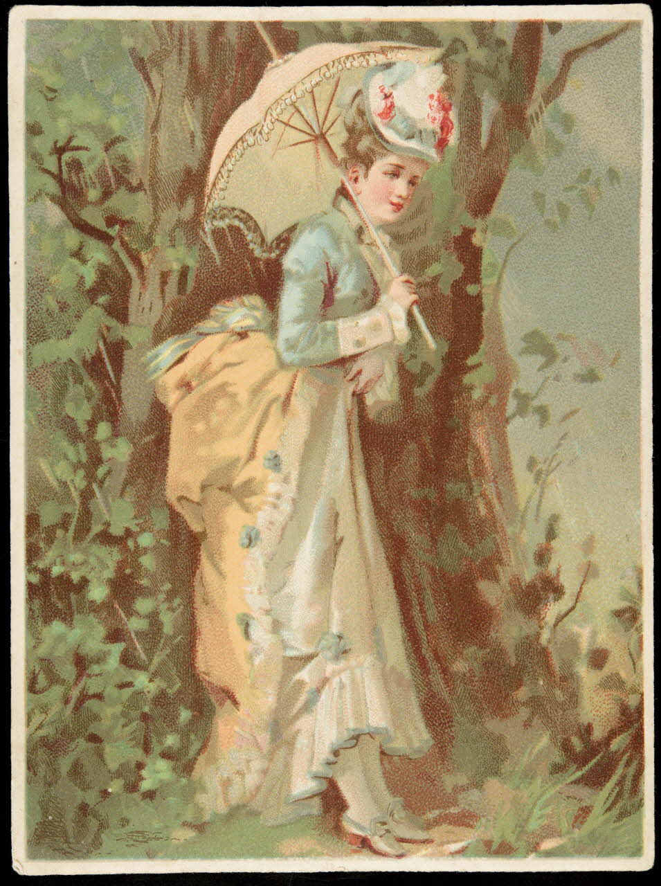 carte réclame Femme élégante adossée à un arbre, sous une ombrelle 1998.77.327.1 Photo