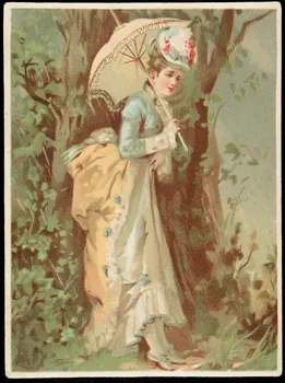 carte réclame Femme élégante adossée à un arbre, sous une ombrelle 1998.77.327.1  Photo