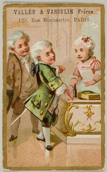 Romanet carte réclame Un garçon noble se tient devant le comptoir d'un commerce, tenu par une fillette Paris 1878-1889 1998.77.33.2 Photo