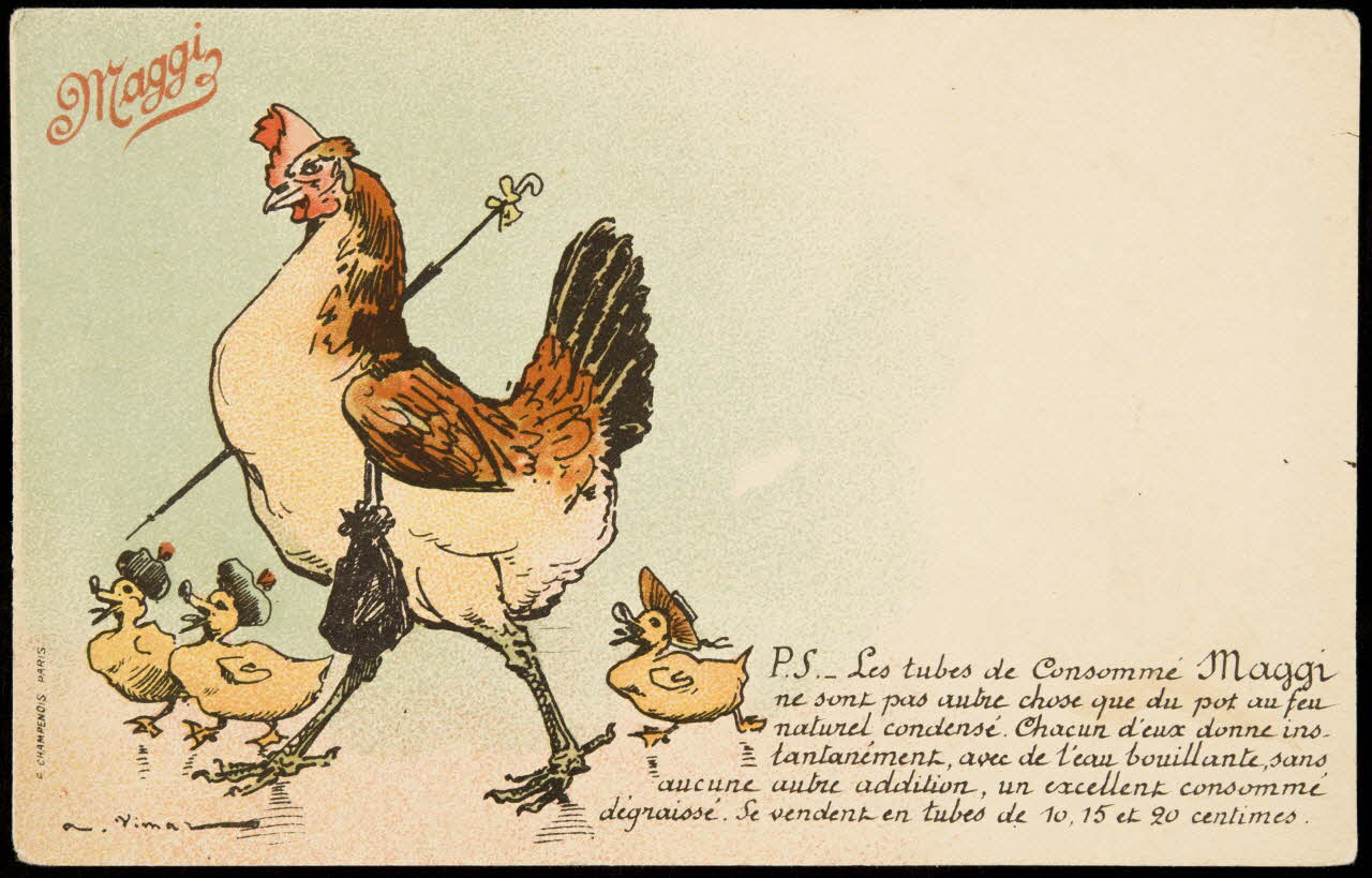 carte réclame Une poule, portant un sac et une ombrelle, marche entourée de ses poussins 1998.77.331.1 Photo