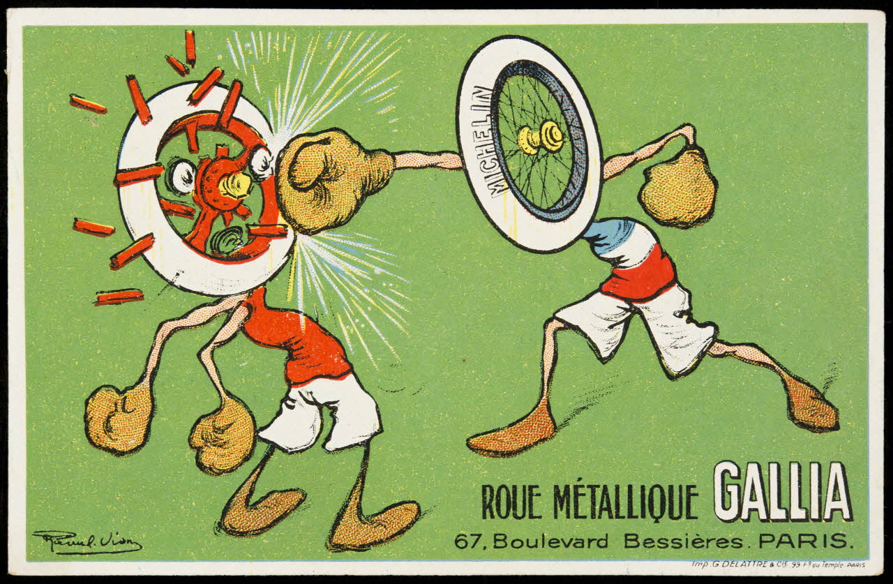 carte réclame Deux personnages à tête de roue, combattent aux gants de boxe 1998.77.332.1 Photo