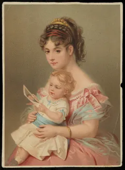 carte réclame Femme portant une fillette sur ses genoux, qui observe une image 1998.77.335.1  Photo