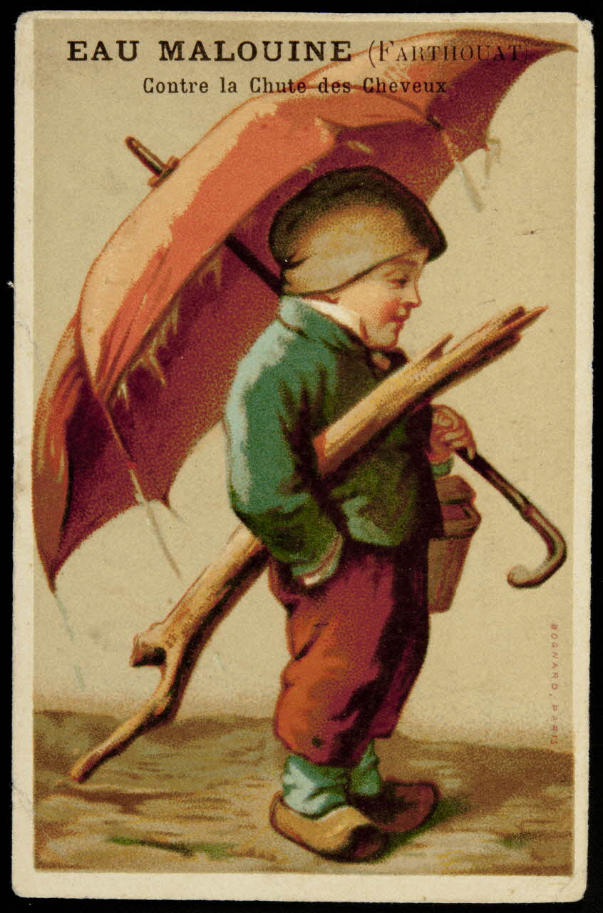 Bognard carte réclame Petit garçon sous un parapluie Paris 1876-1890 1998.77.81.1 Photo
