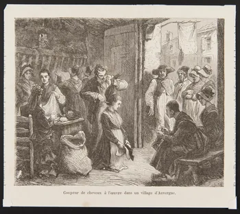 Lix F. estampe Coupeur de cheveux à l'oeuvre dans un village d'Auvergne. 1886 1999.37.41 Photo
