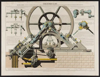 estampe ETUDES DE DESSIN AU LAVIS  MACHINES A VAPEUR - DESSIN DE LA MACHINE A VAPEUR DEUX CYLINDRES, A HAUTE PRESSION ET A DETENTE VARIABLE DE LA FORCE DE 60 CHEVAUX, ETABLIE A PARIS DANS LES ATELIERS DU CHEM 1999.51.2 Photo