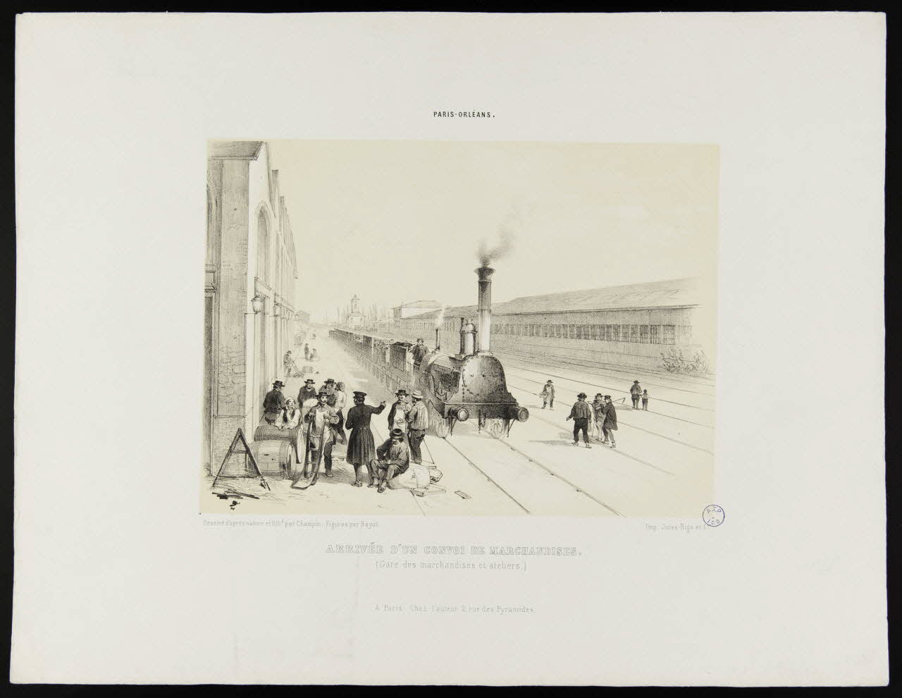 estampe PARIS-ORLEANS  ARRIVEE D'UN CONVOI DE MARCHANDISES.  (Gare des marchandises et ateliers.) 1999.51.5 Photo