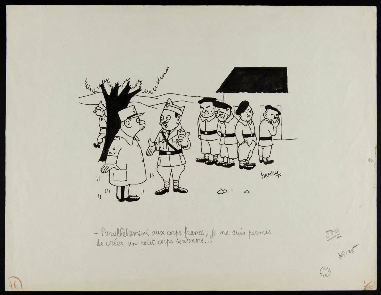 Maurice Henry illustration de presse - Parallèlement aux corps francs, je me suis permis  de créer un petit corps sournois... 1940 2000.33.7 Photo