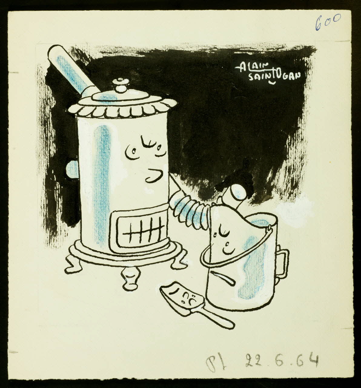 Alain Saint-Ogan illustration de presse Un poêle, une pelle et un seau anthropomorphes 1964 2001.20.2 Photo