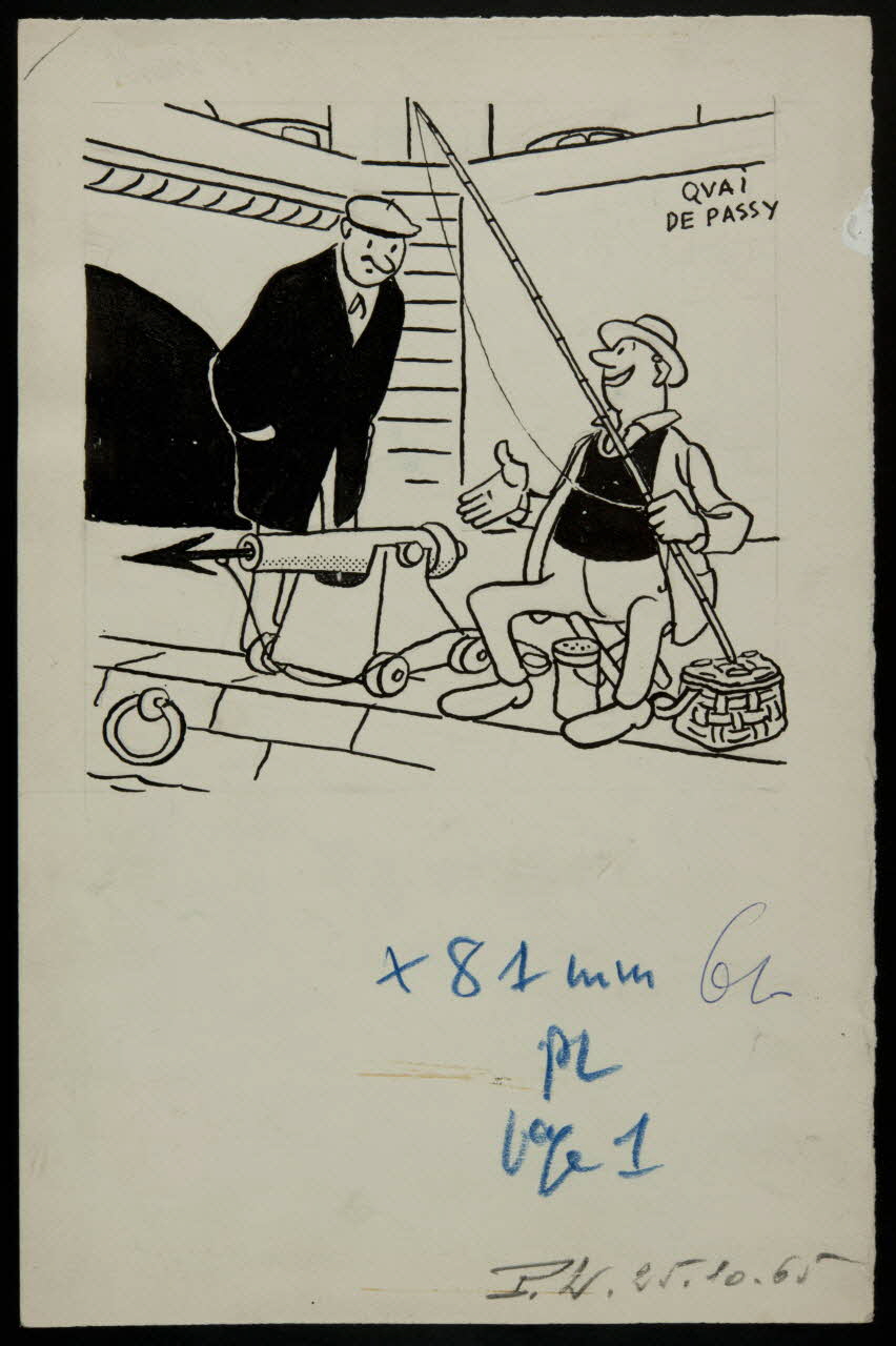 Alain Saint-Ogan illustration de presse Deux personnages, dont un pêcheur à la ligne au bord de la Seine 1965 2001.20.3 Photo