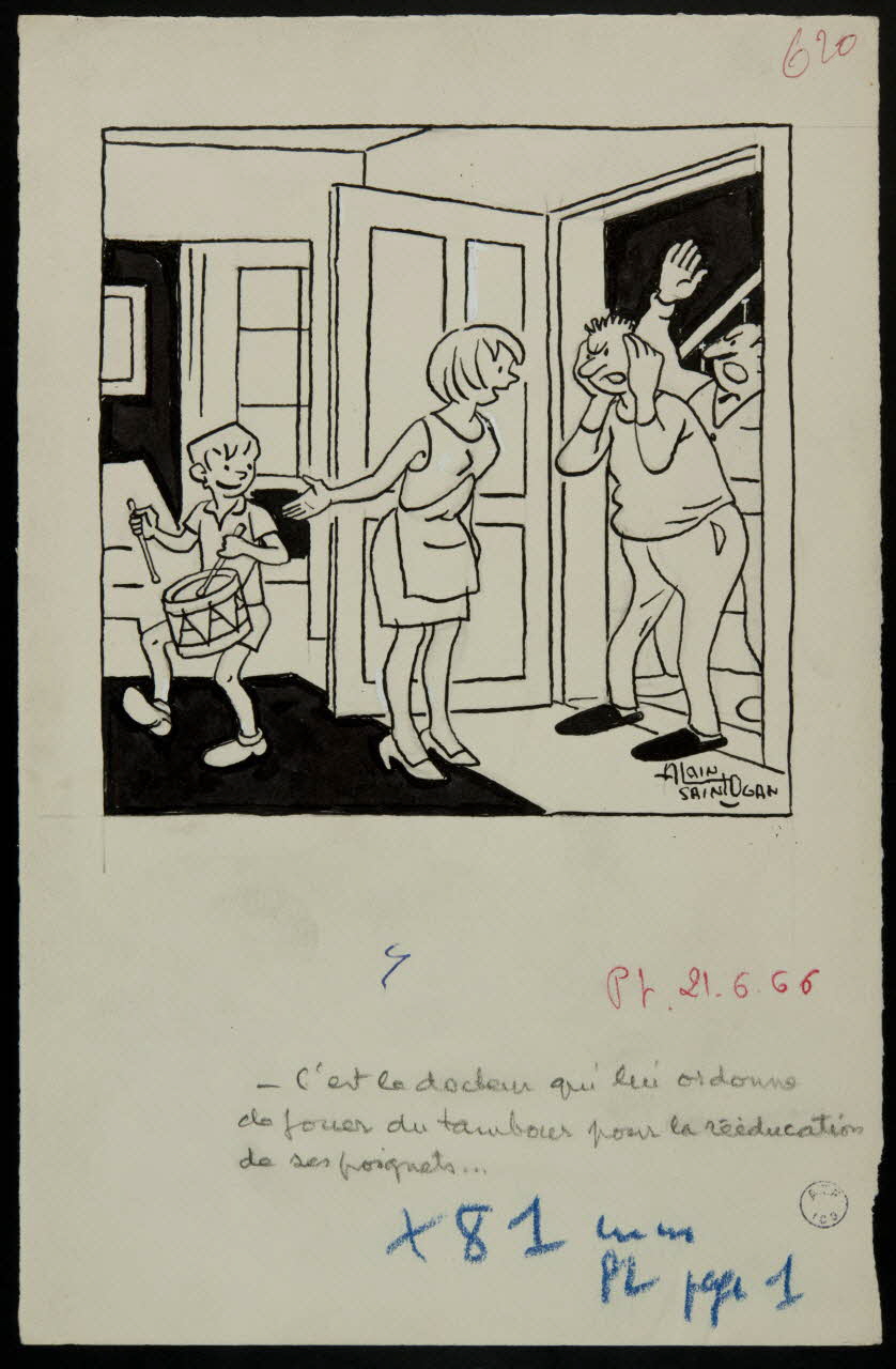 Alain Saint-Ogan illustration de presse C'est le docteur qui lui ordonne  de jouer du tambour pour la rééducation  de ses poignets... 1966 2001.20.4 Photo