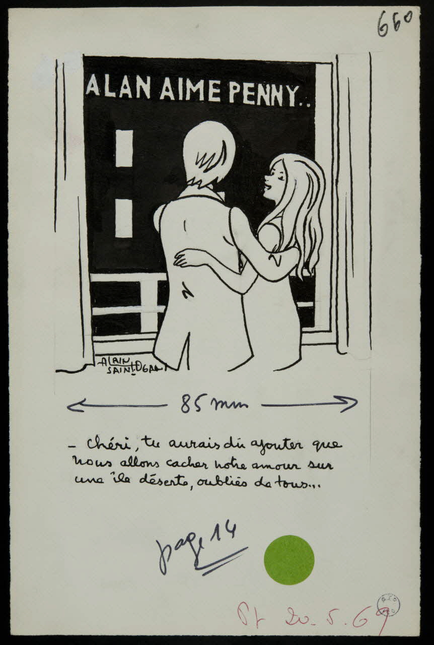 Alain Saint-Ogan illustration de presse Chéri, tu aurais dû ajouter que  nous allons cacher notre amour sur  une île déserte, oubliés de tous... 1969 2001.20.6 Photo