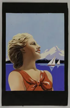 dessin Jeune femme blonde souriant sur fond de paysage de marine 2001.21.27 Photo