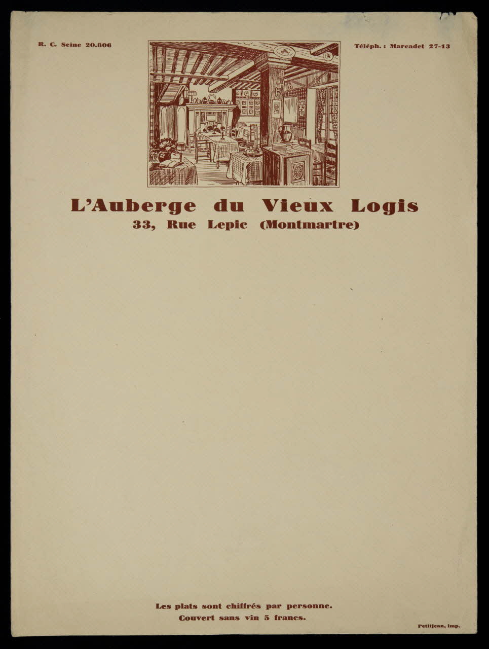 estampe L'Auberge du Vieux Logis 2001.21.56 Photo