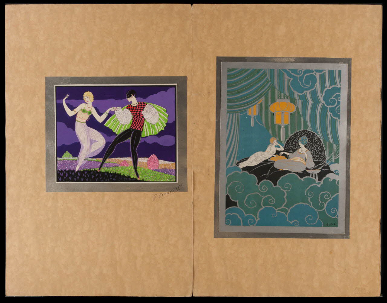 dessin Planche avec deux estampes : jeune femme costumée dansant avec Arlequin et jeune femme et homme allongés dans un cadre oriental 2001.21.88 Photo