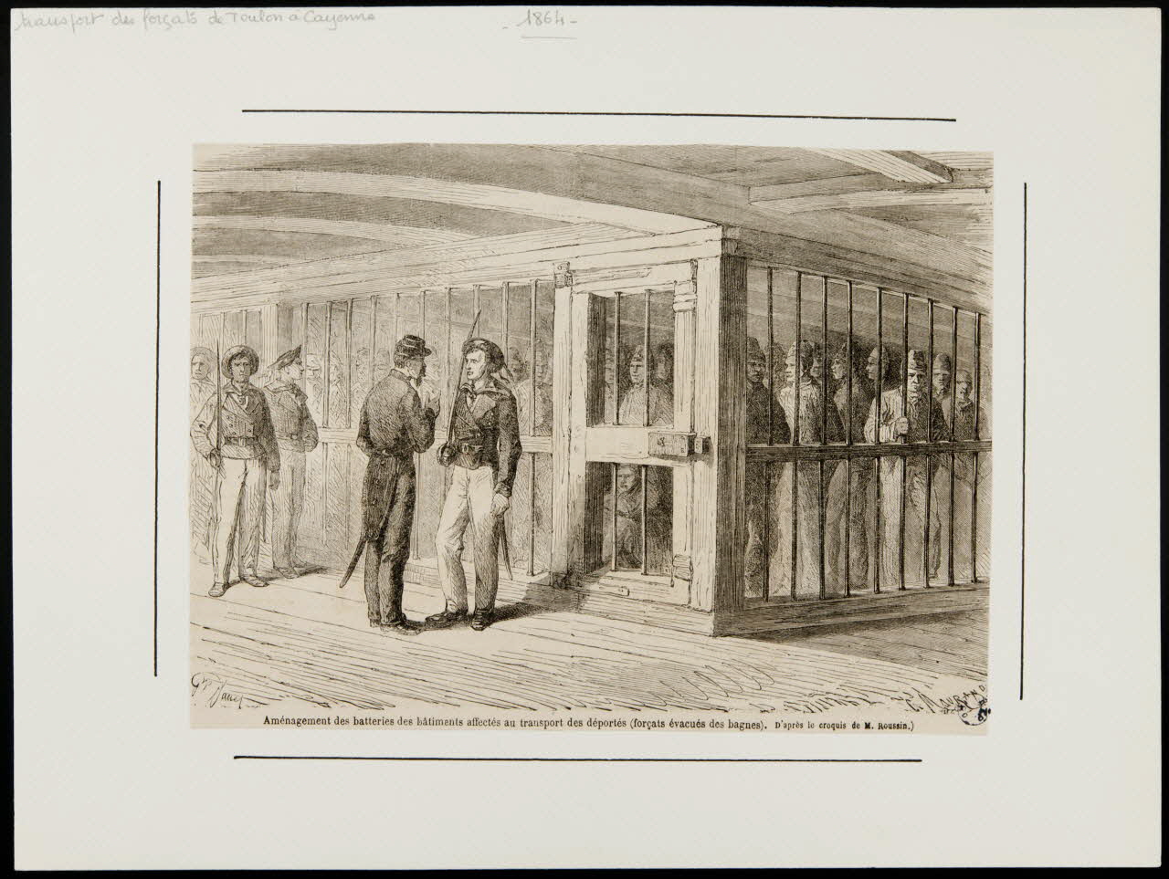 Janet Gérard ; Maurand C. ; Roussin illustration Aménagement des batteries des bâtiments affectés au transport des déportés (forçats évacués des bagnes). D'après le croquis de M. Roussin.) France 1864 2001.41.78 Photo