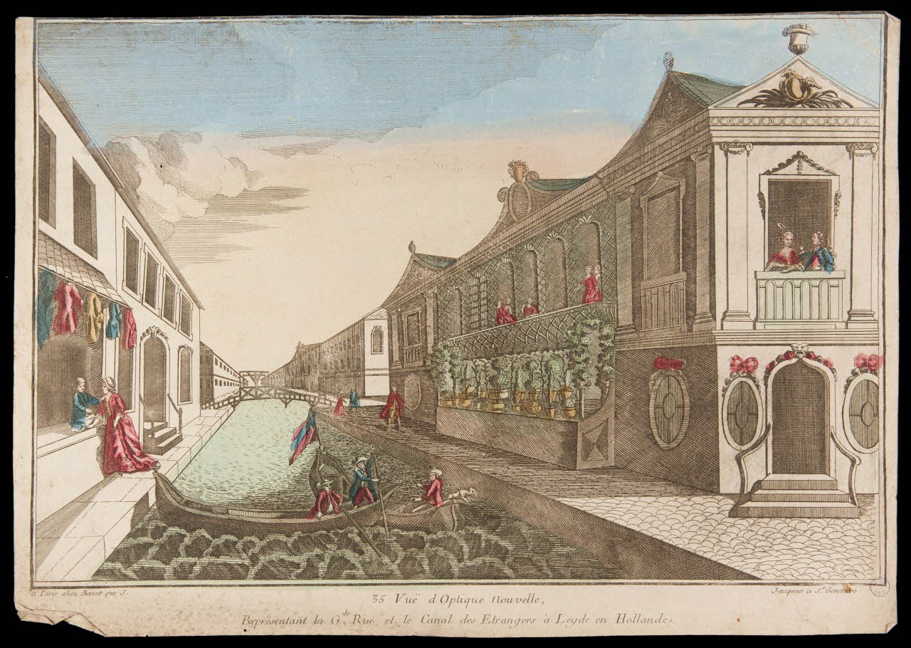 imagerie ancienne Vue d'Optique nouvelle,  Représentant la Gde Rue et le Canal des Etrangers à Leyde en Hollande. 2002.11.20 Photo