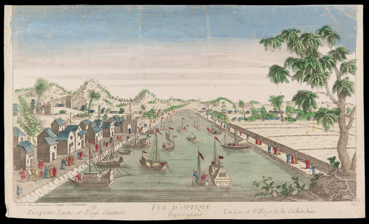 imagerie ancienne VUE D'OPTIQUE  Prospectus Lacus et Pagi Sinensis Représentant Un Lac et Village de la Cochinchine. 2002.11.21 Photo