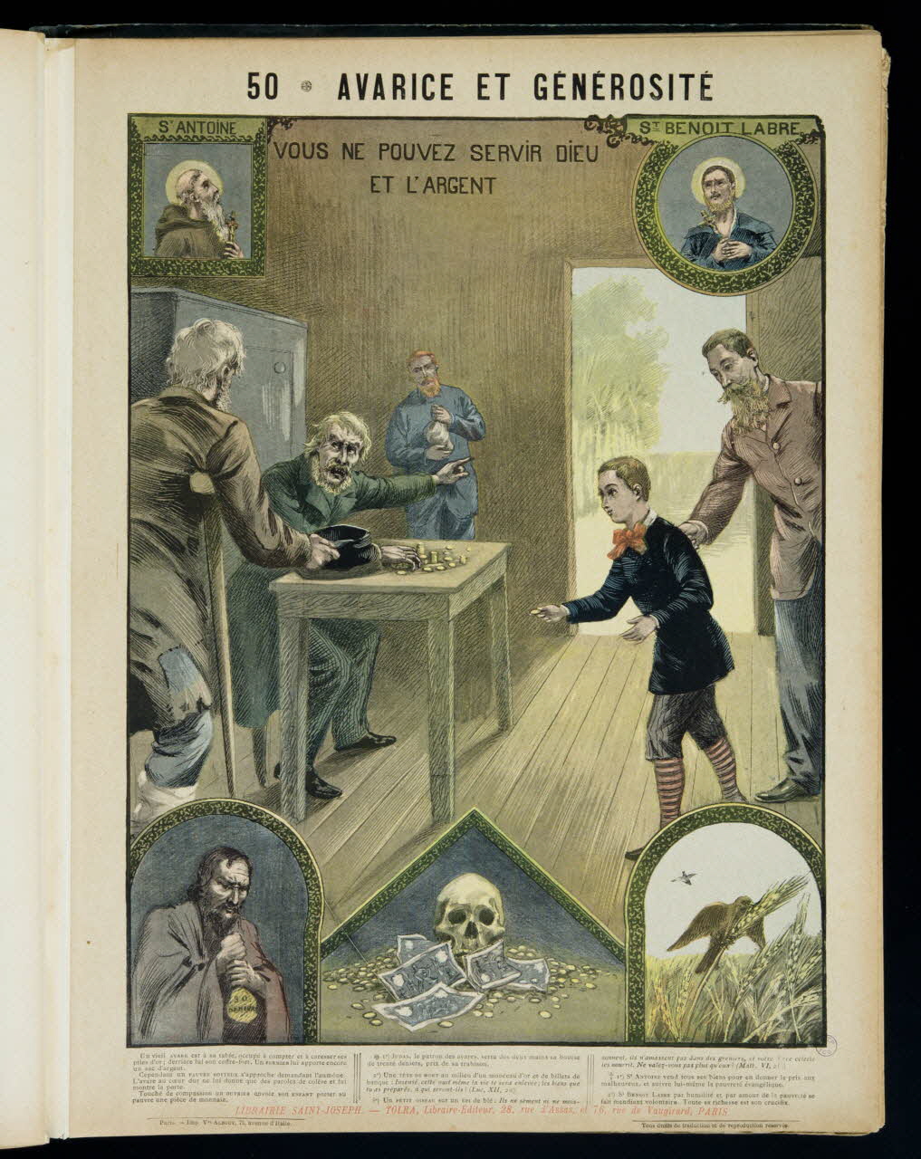 Mouterde Henry abbé ; Tolra ; Albouy ; François P. (graveu image pieuse 50 - AVARICE ET GENEROSITE  VOUS NE POUVEZ SERVIR DIEU  ET L'ARGENT PAris 1899 2002.131.17.1 Photo