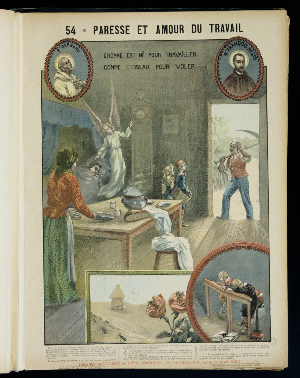 Mouterde Henry abbé ; Tolra ; Albouy ; François P. (graveu image pieuse 54 - PARESSE ET AMOUR DU TRAVAIL  L'HOMME EST NE POUR TRAVAILLER  COMME L'OISEAU POUR VOLER PAris 1899 2002.131.21.1 Photo