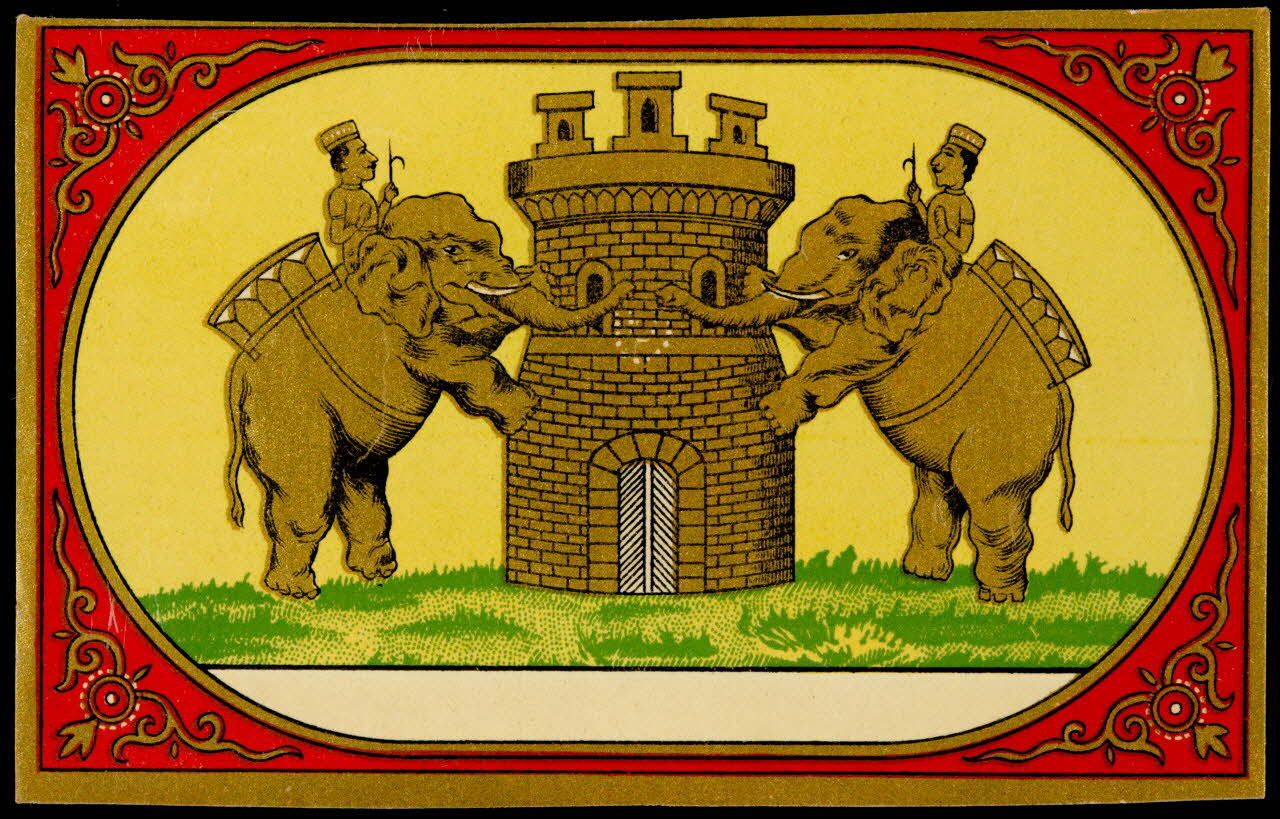 étiquette Eléphants grimpant sur une tour fortifiée 2002.70.35 Photo