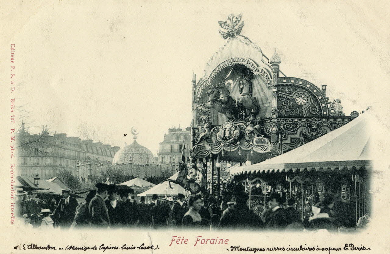 Fête foraine. L'Alhambra (manège des lapins Louis Lesot). Montagnes russes circulaires à vapeur E. Denis. Sou.2.72.1 Photo