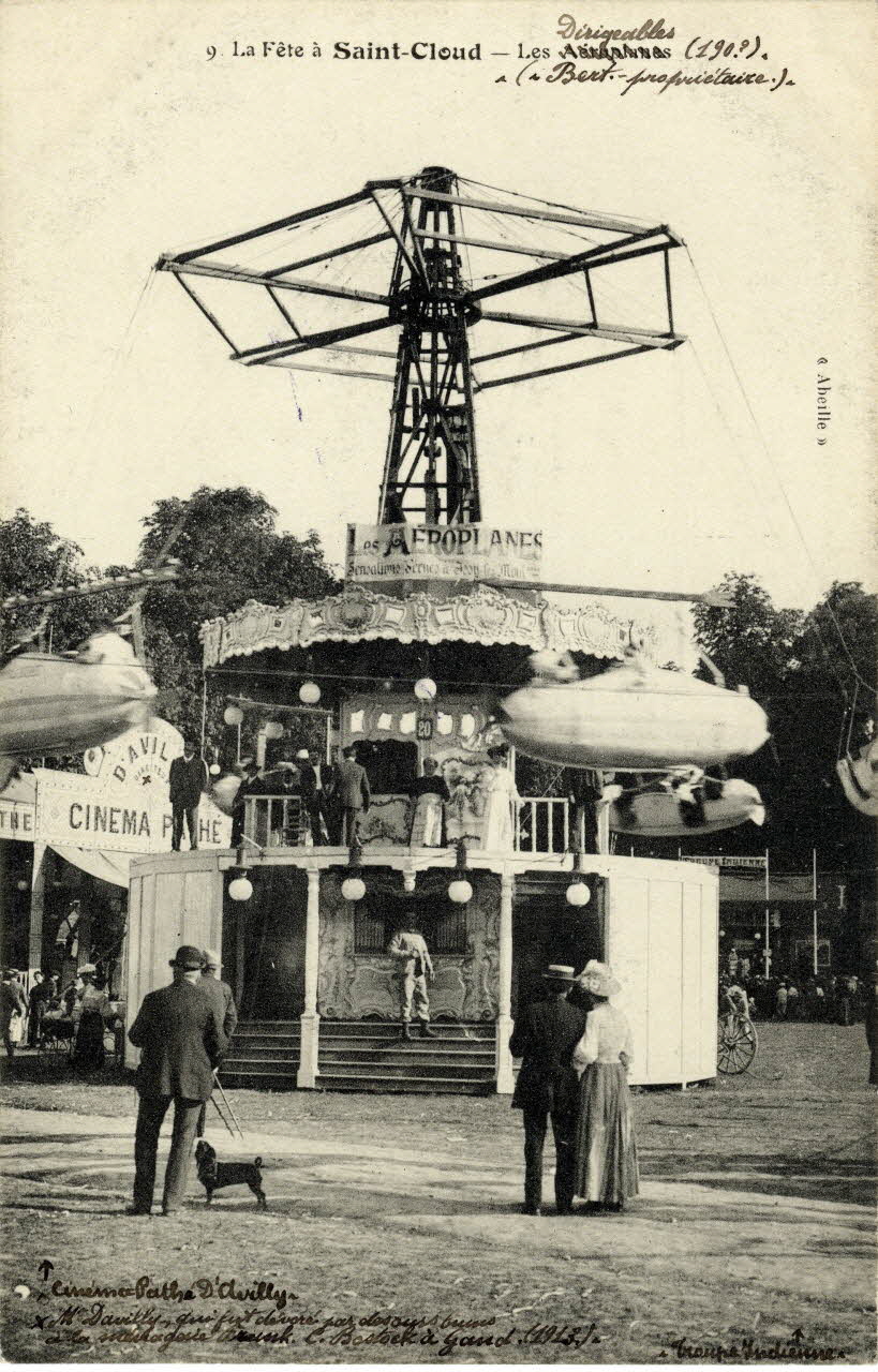 Abeille 9. La fête à Saint-Cloud. Les dirigeables (190?) (Bert propriétaire). Cinéma Pathé d'Avilly. [à gauche :] M. d'Avilly qui fut dévoré par des ours bruns à la Ménagerie Frank C. Bostock à Gand (1913). Troupe indienne Hauts-de-Seine 1895-1905 Sou.2.94.2 Photo