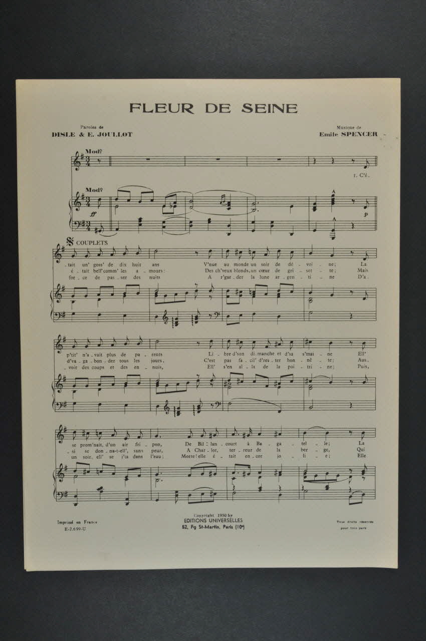 E. Joullot ; Disle ; Emile Spencer ; Les Editions Universelles; partition de musique Fleur de Seine 1936 1969.88.1456 Photo Mucem