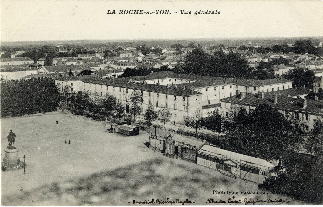 carte postale La Roche-sur-Yon. Vue générale. [de gauche à droite :] Impérial boiscope Cugala, théâtre Cadet-Grégoire (opérette) Sou.3.121.1 Photo