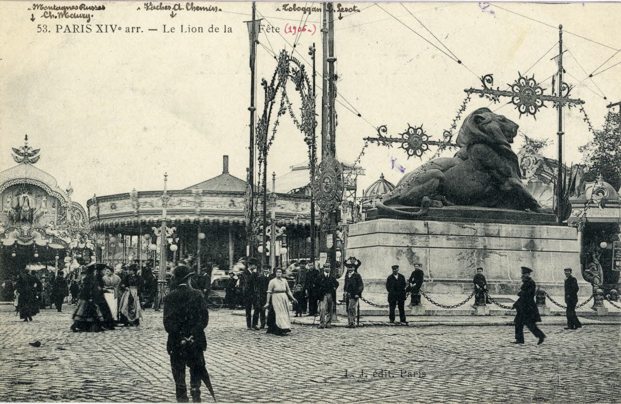 L.J. 53. Paris XIVè arrt. Le lion de la fête (1906). [de gauche à droite :] Montagnes russes Ch. Maury, vaches A. Chemin, toboggan L. Lesot. Paris, Paris (75) 1906 Sou.3.30.1  Photo