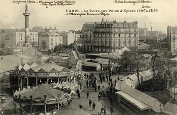 Gondry Paris. Un coin de la foire aux Pains d'Epices (entre 190? et 1912). Ménagerie Edmond Pezon. [de gauche à droite :] autodrome E. Denis, montagnes russes Ch. Maury, vélo-sport Ch. Bourdier, vaches sauteuses A. Chemin Paris, Paris (75) 1900-1912 Sou.3.6.1 Photo