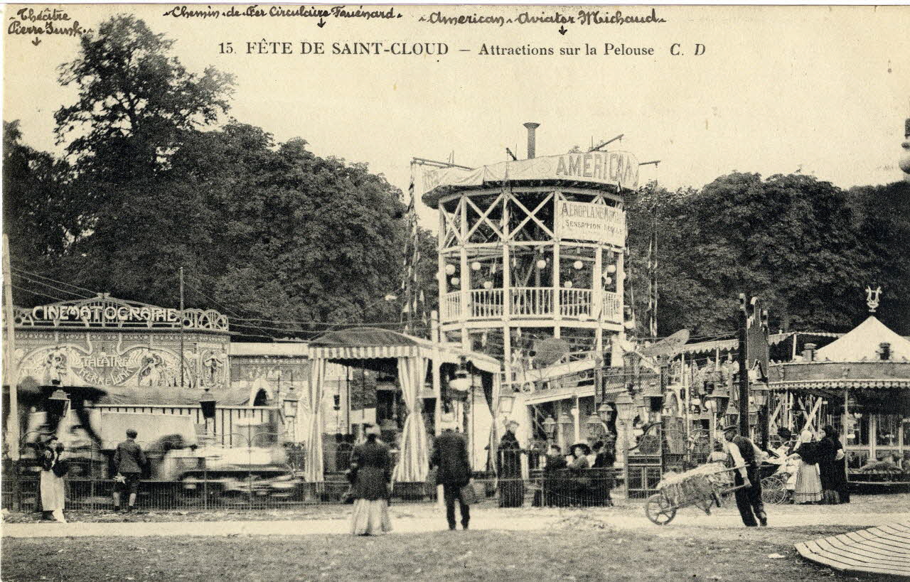 15. Fête de Saint-Cloud. Attractions sur la pelouse. [de gauche à droite :] théâtre Pierre Junk, chemin de fer circulaire Fauénard, American-Aviator Michaud Sou.3.73.1 Photo